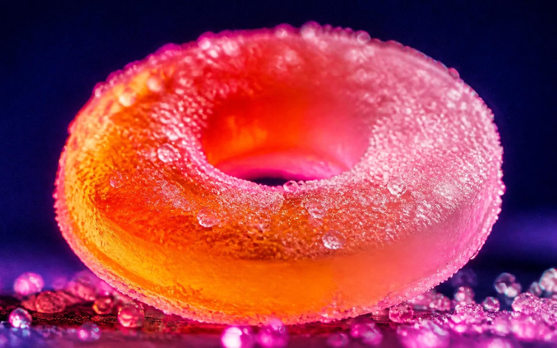 Extreme macro of one translucent passionfruit gummy ring with a fizzing sugar coating, backlit so pink light glows through it